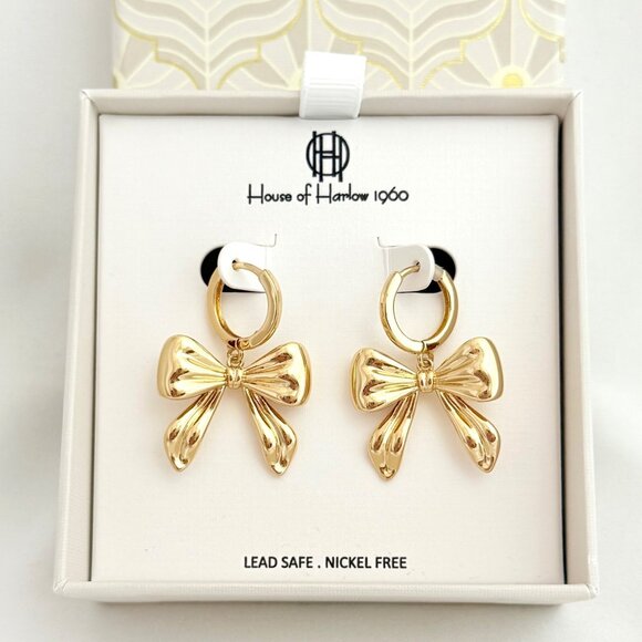 House of Harlow Gold Tone Bow Earrings on Hoop - New in Box - Picture 1 of 4